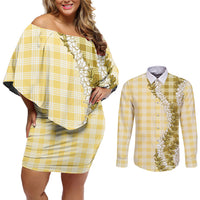 Yellow Hawaii Palaka Couples Matching Off Shoulder Short Dress and Long Sleeve Button Shirt Hawaiian Honohono Lei LT05 Yellow - Polynesian Pride