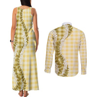 Yellow Hawaii Palaka Couples Matching Tank Maxi Dress and Long Sleeve Button Shirt Hawaiian Honohono Lei LT05 - Polynesian Pride