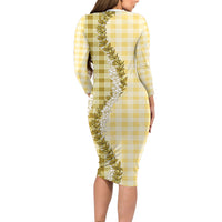 Yellow Hawaii Palaka Long Sleeve Bodycon Dress Hawaiian Honohono Lei LT05 - Polynesian Pride