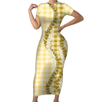 Yellow Hawaii Palaka Short Sleeve Bodycon Dress Hawaiian Honohono Lei LT05 Long Dress Yellow - Polynesian Pride