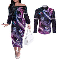Hawaiian Monk Seal Couples Matching Off The Shoulder Long Sleeve Dress and Long Sleeve Button Shirt Kakau Tribal Pattern Violet Gradient
