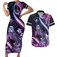 Hawaiian Monk Seal Couples Matching Short Sleeve Bodycon Dress and Hawaiian Shirt Kakau Tribal Pattern Violet Gradient LT05 Violet - Polynesian Pride