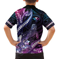 Hawaiian Monk Seal Family Matching Long Sleeve Bodycon Dress and Hawaiian Shirt Kakau Tribal Pattern Violet Gradient