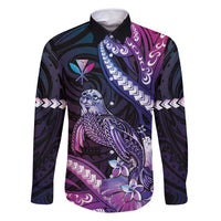 Hawaiian Monk Seal Family Matching Mermaid Dress and Hawaiian Shirt Kakau Tribal Pattern Violet Gradient LT05 Dad's Shirt - Long Sleeve Violet - Polynesian Pride