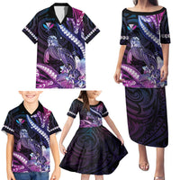 Hawaiian Monk Seal Family Matching Puletasi and Hawaiian Shirt Kakau Tribal Pattern Violet Gradient LT05 - Polynesian Pride