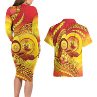 Vanuatu 45 Yia Indipendens Anivesari Couples Matching Long Sleeve Bodycon Dress and Hawaiian Shirt Tamtam Drum With Boar Tusk LT05 - Polynesian Pride