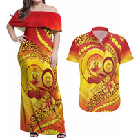 Vanuatu 45 Yia Indipendens Anivesari Couples Matching Off Shoulder Maxi Dress and Hawaiian Shirt Tamtam Drum With Boar Tusk LT05 Yellow - Polynesian Pride