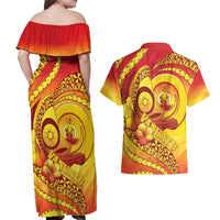 Vanuatu 45 Yia Indipendens Anivesari Couples Matching Off Shoulder Maxi Dress and Hawaiian Shirt Tamtam Drum With Boar Tusk LT05 - Polynesian Pride