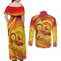 Vanuatu 45 Yia Indipendens Anivesari Couples Matching Off Shoulder Maxi Dress and Long Sleeve Button Shirt Tamtam Drum With Boar Tusk LT05 - Polynesian Pride