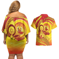 Vanuatu 45 Yia Indipendens Anivesari Couples Matching Off Shoulder Short Dress and Hawaiian Shirt Tamtam Drum With Boar Tusk LT05 - Polynesian Pride