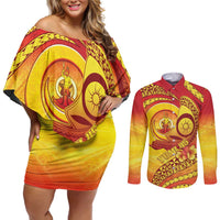 Vanuatu 45 Yia Indipendens Anivesari Couples Matching Off Shoulder Short Dress and Long Sleeve Button Shirt Tamtam Drum With Boar Tusk LT05 Yellow - Polynesian Pride