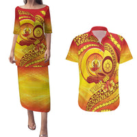 Vanuatu 45 Yia Indipendens Anivesari Couples Matching Puletasi and Hawaiian Shirt Tamtam Drum With Boar Tusk LT05 Yellow - Polynesian Pride