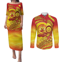 Vanuatu 45 Yia Indipendens Anivesari Couples Matching Puletasi and Long Sleeve Button Shirt Tamtam Drum With Boar Tusk LT05 Yellow - Polynesian Pride