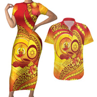 Vanuatu 45 Yia Indipendens Anivesari Couples Matching Short Sleeve Bodycon Dress and Hawaiian Shirt Tamtam Drum With Boar Tusk LT05 Yellow - Polynesian Pride