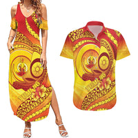 Vanuatu 45 Yia Indipendens Anivesari Couples Matching Summer Maxi Dress and Hawaiian Shirt Tamtam Drum With Boar Tusk LT05 Yellow - Polynesian Pride