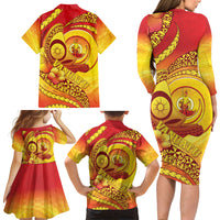 Vanuatu 45 Yia Indipendens Anivesari Family Matching Long Sleeve Bodycon Dress and Hawaiian Shirt Tamtam Drum With Boar Tusk LT05 - Polynesian Pride
