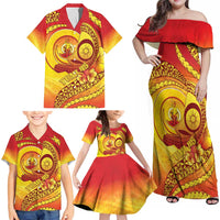Vanuatu 45 Yia Indipendens Anivesari Family Matching Off Shoulder Maxi Dress and Hawaiian Shirt Tamtam Drum With Boar Tusk LT05 - Polynesian Pride