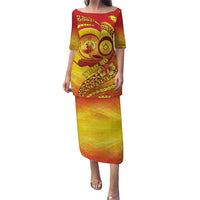 Vanuatu 45 Yia Indipendens Anivesari Family Matching Puletasi and Hawaiian Shirt Tamtam Drum With Boar Tusk LT05 Mom's Dress Yellow - Polynesian Pride