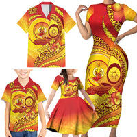 Vanuatu 45 Yia Indipendens Anivesari Family Matching Short Sleeve Bodycon Dress and Hawaiian Shirt Tamtam Drum With Boar Tusk LT05 - Polynesian Pride