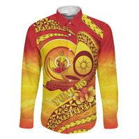 Vanuatu 45 Yia Indipendens Anivesari Family Matching Short Sleeve Bodycon Dress and Hawaiian Shirt Tamtam Drum With Boar Tusk LT05 Dad's Shirt - Long Sleeve Yellow - Polynesian Pride
