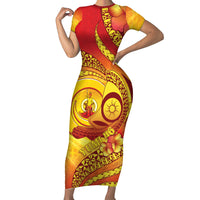 Vanuatu 45 Yia Indipendens Anivesari Family Matching Short Sleeve Bodycon Dress and Hawaiian Shirt Tamtam Drum With Boar Tusk LT05 Mom's Dress Yellow - Polynesian Pride