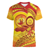 Vanuatu 45 Yia Indipendens Anivesari Women V-Neck T-Shirt Tamtam Drum With Boar Tusk LT05 Female Yellow - Polynesian Pride