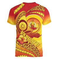 Vanuatu 45 Yia Indipendens Anivesari Women V-Neck T-Shirt Tamtam Drum With Boar Tusk LT05 - Polynesian Pride