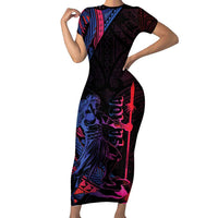 Samoan Pride Family Matching Short Sleeve Bodycon Dress and Hawaiian Shirt The Tui Manua LT05 Mom's Dress Black - Polynesian Pride