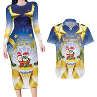 Niue Christmas Couples Matching Long Sleeve Bodycon Dress and Hawaiian Shirt Seashell Santa Beach Vibes LT05 Navy - Polynesian Pride