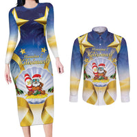 Niue Christmas Couples Matching Long Sleeve Bodycon Dress and Long Sleeve Button Shirt Seashell Santa Beach Vibes LT05 Navy - Polynesian Pride