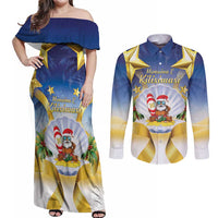 Niue Christmas Couples Matching Off Shoulder Maxi Dress and Long Sleeve Button Shirt Seashell Santa Beach Vibes - Polynesian Pride