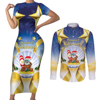 Niue Christmas Couples Matching Short Sleeve Bodycon Dress and Long Sleeve Button Shirt Seashell Santa Beach Vibes LT05 Navy - Polynesian Pride
