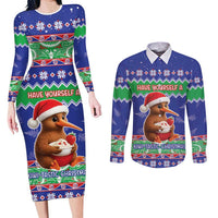 New Zealand Christmas Couples Matching Long Sleeve Bodycon Dress and Long Sleeve Button Shirt Have Yourself A Kiwi-tastic Christmas LT05 Blue - Polynesian Pride