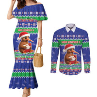 New Zealand Christmas Couples Matching Mermaid Dress and Long Sleeve Button Shirt Have Yourself A Kiwi-tastic Christmas LT05 Blue - Polynesian Pride