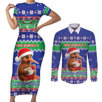 New Zealand Christmas Couples Matching Short Sleeve Bodycon Dress and Long Sleeve Button Shirt Have Yourself A Kiwi-tastic Christmas LT05 Blue - Polynesian Pride