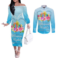 Universal Human Rights Month Couples Matching Off The Shoulder Long Sleeve Dress and Long Sleeve Button Shirt Polynesian Style LT05 Blue - Polynesian Pride