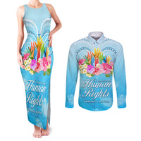 Universal Human Rights Month Couples Matching Tank Maxi Dress and Long Sleeve Button Shirt Polynesian Style LT05 Blue - Polynesian Pride