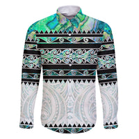 New Zealand Aotearoa Family Matching Off Shoulder Short Dress and Hawaiian Shirt With Paua Shell Kowhaiwhai Pattern LT05 Dad's Shirt - Long Sleeve Green - Polynesian Pride