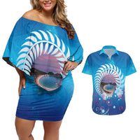 New Zealand Matapouri Beach Landscape Couples Matching Off Shoulder Short Dress and Hawaiian Shirt LT05 Blue - Polynesian Pride
