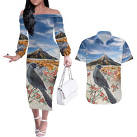New Zealand Mount Taranaki Landscape Couples Matching Off The Shoulder Long Sleeve Dress and Hawaiian Shirt Kokako Bird Polynesian Style LT05 Blue - Polynesian Pride