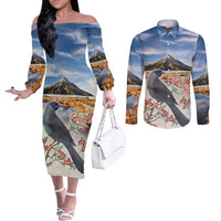 New Zealand Mount Taranaki Landscape Couples Matching Off The Shoulder Long Sleeve Dress and Long Sleeve Button Shirt Kokako Bird Polynesian Style LT05 Blue - Polynesian Pride