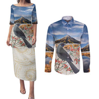 New Zealand Mount Taranaki Landscape Couples Matching Puletasi and Long Sleeve Button Shirt Kokako Bird Polynesian Style LT05 Blue - Polynesian Pride