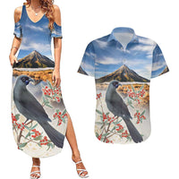 New Zealand Mount Taranaki Landscape Couples Matching Summer Maxi Dress and Hawaiian Shirt Kokako Bird Polynesian Style LT05 Blue - Polynesian Pride