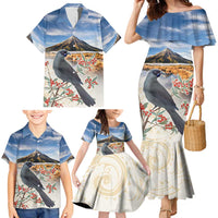 New Zealand Mount Taranaki Landscape Family Matching Mermaid Dress and Hawaiian Shirt Kokako Bird Polynesian Style LT05 - Polynesian Pride