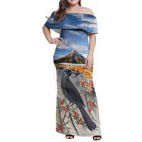 New Zealand Mount Taranaki Landscape Family Matching Off Shoulder Maxi Dress and Hawaiian Shirt Kokako Bird Polynesian Style LT05 Mom's Dress Blue - Polynesian Pride