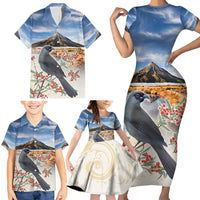 New Zealand Mount Taranaki Landscape Family Matching Short Sleeve Bodycon Dress and Hawaiian Shirt Kokako Bird Polynesian Style LT05 - Polynesian Pride