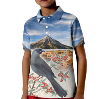 New Zealand Mount Taranaki Landscape Kid Polo Shirt Kokako Bird Polynesian Style LT05 Kid Blue - Polynesian Pride