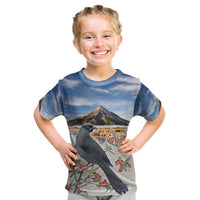 New Zealand Mount Taranaki Landscape Kid T Shirt Kokako Bird Polynesian Style LT05 Blue - Polynesian Pride