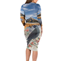 New Zealand Mount Taranaki Landscape Long Sleeve Bodycon Dress Kokako Bird Polynesian Style LT05 - Polynesian Pride