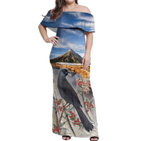 New Zealand Mount Taranaki Landscape Off Shoulder Maxi Dress Kokako Bird Polynesian Style LT05 Women Blue - Polynesian Pride